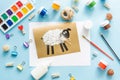 6 Diy Eid al adha lamb sheep baby craft on blue background. Gift idea, decor Eid al adha. Step by step. Top view