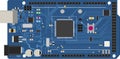 DIY electronic mega board with a microprocessor, interfaces, LEDs, connectors, and other electronic components, to form