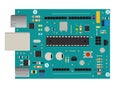 DIY electronic mega board with a microprocessor, interfaces, LEDs, connectors, and other electronic components, to form