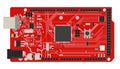 DIY electronic mega board with a microprocessor, interfaces, LEDs, connectors, and other electronic components, to form