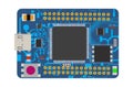 DIY electronic mini board with a micro-controller, LEDs, connectors, and other electronic components.