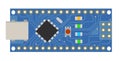 DIY electronic mini board with a micro-controller, LEDs, connectors, and other electronic components, to form the basic