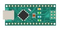 DIY electronic mini board with a micro-controller, LEDs, connectors, and other electronic components, to form the basic