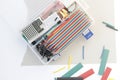 DIY electronics hobby kit opened heatshrink laying around on the grey background. DIY engineer electronic kit set. Royalty Free Stock Photo