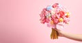 DIY flower bouquet on pink background, Valentines Day. Ecological trend, practicality of gifts. Holiday trend in 2024