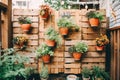 diy garden with container and hanging planters, decorative pots and plants Royalty Free Stock Photo