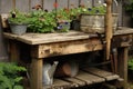 diy garden project with repurposed materials, such as an old wooden bench or metal buckets