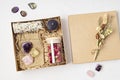 DIY gift box for wicca, witchcraft lovers. Crystals, witch accessories, sage stick for smudging