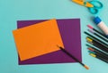 Diy Halloween card with pumpkin on purple background.Gift idea, decor Halloween.Instruction.Step by step.Top view. Children