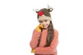 Diy and handmade handcrafted goods. Playful cutie. Adorable baby wear cute winter knitted deer hat. Cute reindeer with