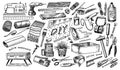 DIY icons. Hardware Shop concept. Glue, wood planks, sewing machine. Tools or instruments for home renovation. Banner