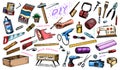 DIY icons. Hardware Shop concept. Glue, wood planks, sewing machine. Tools or instruments for home renovation. Banner