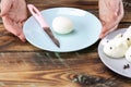 DIY instruction. Step by step guide. Making a funny rabbit from boiled eggs, decorating the Easter table, Easter decor and serving Royalty Free Stock Photo