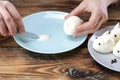 DIY instruction. Step by step guide. Making a funny rabbit from boiled eggs, decorating the Easter table, Easter decor and serving Royalty Free Stock Photo