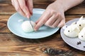 DIY instruction. Step by step guide. Making a funny rabbit from boiled eggs, decorating the Easter table, Easter decor and serving Royalty Free Stock Photo