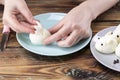 DIY instruction. Step by step guide. Making a funny rabbit from boiled eggs, decorating the Easter table, Easter decor and serving Royalty Free Stock Photo