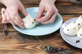 DIY instruction. Step by step guide. Making a funny rabbit from boiled eggs, decorating the Easter table, Easter decor and serving Royalty Free Stock Photo