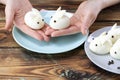 DIY instruction. Step by step guide. Making a funny rabbit from boiled eggs, decorating the Easter table, Easter decor and serving Royalty Free Stock Photo