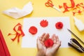 DIY instructions. How to make card with carnation flowers and origami dove at home. Card to Victory Day 9 May. Step by step photo Royalty Free Stock Photo