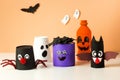 DIY for kids. Halloween home activities. Handmade toys cute monster, bat, ghost and pumpkin.