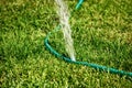 DIY lawn sprinkler working in grass spreading water all over the area, copyspace Royalty Free Stock Photo