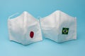 DIY MASK - Homemade fabric face masks with the flag of Brazil and Japan for protection against coronavirus. Royalty Free Stock Photo