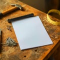 DIY Project Planning Blank Notepad Hammer Nails Tape Measure on Wood Workbench Surface Royalty Free Stock Photo