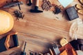 DIY project tools on wooden desk, top view Royalty Free Stock Photo