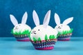 Diy rabbit from easter eggs on blue background. Gift ideas, decor Easter, spring. Handmade