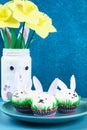 Diy rabbit from easter eggs on blue background. Gift ideas, decor Easter, spring. Handmade Royalty Free Stock Photo