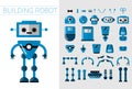 DIY Set of vector robots details in flat cartoon style. Cute Cartoon Robotic separate parts for creation of Artificial