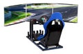 DIY simracing aluminum simulator rig for video game racing. Blue motorsport car bucket seat steering wheel pedals and tripe screen