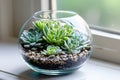 DIY Succulent Terrarium at glass container, beside window