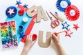 Diy 4th of July decor USA letters color American flag. Children craft