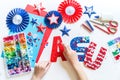 Diy 4th of July decor USA letters color American flag. Children craft