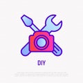DIY video thin line icon: camera with work tools. Modern vector illustration for blogger logo