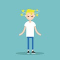 Dizziness conceptual illustration. Young blond character with st