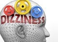 Dizziness and human mind - pictured as word Dizziness inside a head to symbolize relation between Dizziness and the human psyche,