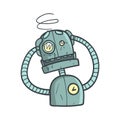 Dizzy Blue Robot Cartoon Outlined Illustration With Cute Android And His Emotions