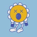 Dizzy face retro flower emoji. Dead smile vintage emoticon. Cross eyes
