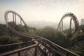 dizzying and dreamlike scene of a roller coaster, with the view from above showing the twists and turns