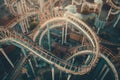 dizzying and dreamlike scene of a roller coaster, with the view from above showing the twists and turns