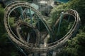 dizzying and dreamlike scene of a roller coaster, with the view from above showing the twists and turns