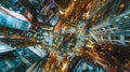 A dizzying perspective of a busy street intersection with streams of cars and people converging from all directions