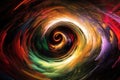 dizzying vortex of color and light, with surreal images and shapes appearing in the vortex