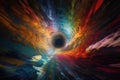 dizzying vortex of color and light, with surreal images and shapes appearing in the vortex
