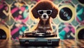 dj in action A grooving puppy wearing a tiny afro wig and sunglasses, standing on a retro vinyl record player, Royalty Free Stock Photo