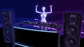 DJ android, disc jockey robot with hands up playing music on turntables, cyborg on stage with deejay audio equipment, side view