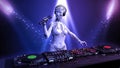 DJ android, disc jockey robot with microphone playing music on turntables, cyborg on stage with deejay audio equipment, close up Royalty Free Stock Photo