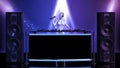 DJ android, disc jockey robot with microphone playing music on turntables, cyborg on stage with deejay audio equipment, front view